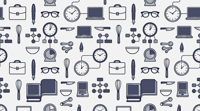 Kitchen workflow metaphors and culinary system symbols arranged in a sophisticated seamless repeating pattern for corporate themes