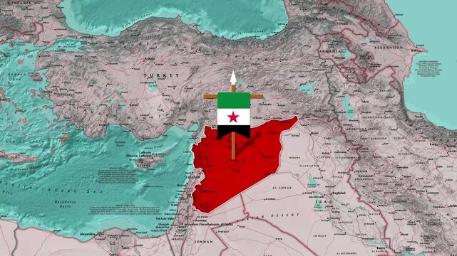 Animated Syrian flag graphic superimposed over a dynamic topographical map of the Middle East video clip