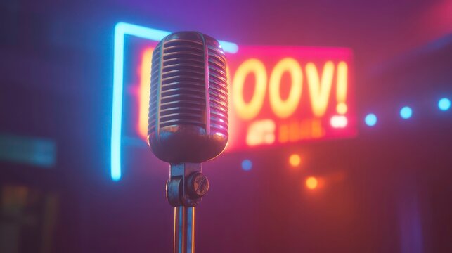Microphone on stage with a neon comedy sign in the background.