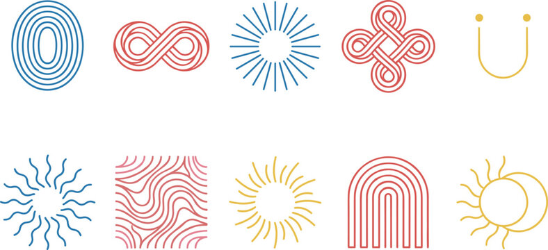 Linear geometric abstract shape icon set vector illustration featuring modern sun infinity and rainbow elements