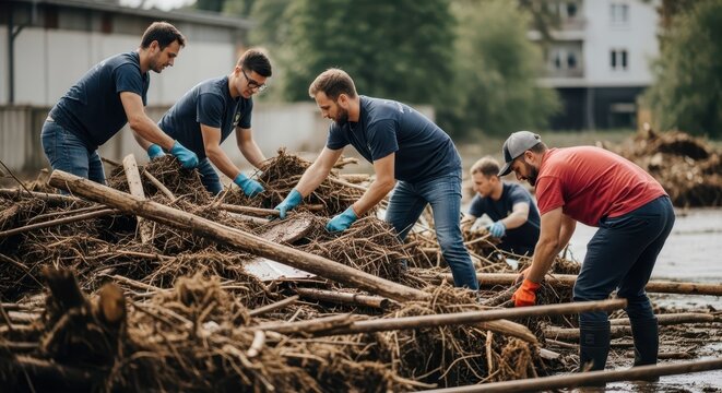 Dedicated volunteers working together to clear disaster debris and aid community recovery efforts