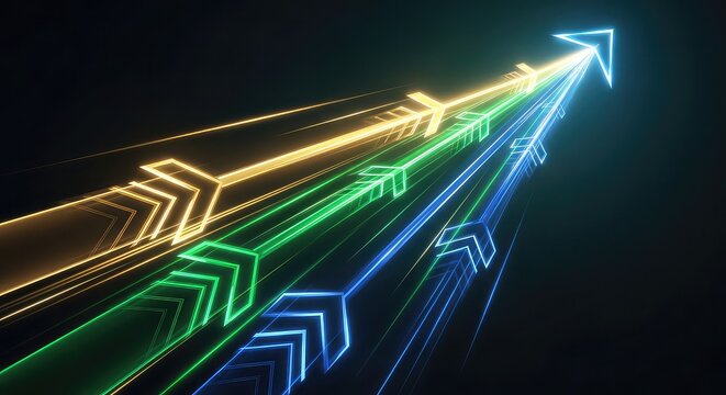 Neon arrows ascend digitally in dark background with glowing lines and success concept