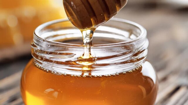 Golden honey being lifted with a wooden dipper from a glass jar. 4K Video