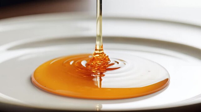Golden honey pouring slowly onto a clean white plate. 4K