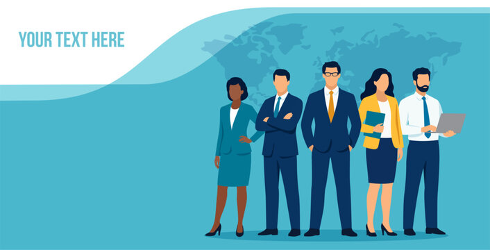 International experts. A team of five office workers. Business vector web illustration template.