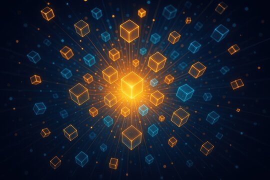 Glowing cubes radiate from a central light source in a digital abstract space, symbolizing innovation, data, and virtual networks