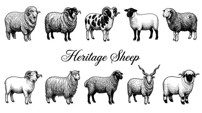 Vintage Engraving Vector Illustration of Various Heritage Sheep Breeds Including Merino, Suffolk, and Valais Blacknose Set