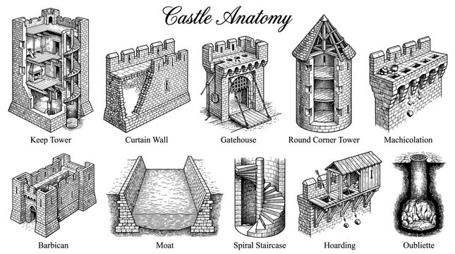 Medieval Castle Anatomy and Architecture Elements Set, Engraving Style Vector Illustration of Fortress Structures including Keep Tower, Barbican, Moat, and Gatehouse