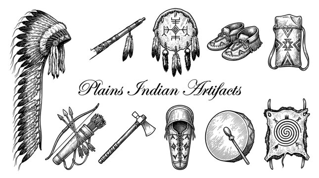 Native American Plains Indian Artifacts Collection including Headdress, Peace Pipe, Tomahawk, Bow, Arrows, Moccasins, and Drum, Traditional Indigenous Culture Hand Drawn Vector Set