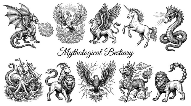 Mythological Bestiary Vector Set of Hand-Drawn Legendary Creatures, Featuring Dragon, Phoenix, Unicorn, Griffin, and Fantasy Monsters in Classic Engraving Style