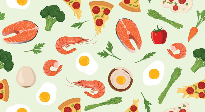 Seamless food pattern featuring slices of salmon, pizza, whole shrimps, eggs, broccoli, and various fresh vegetables.