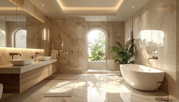 Luxurious bathroom interior with marble accents and natural light.