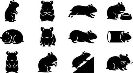 Fototapeta premium Hamster silhouette icon set, flat black glyph style, pure white background