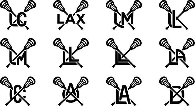Lacrosse monogram silhouette icon set, flat black glyph style, pure white background