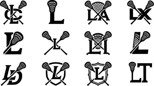 Lacrosse monogram silhouette icon set, flat black glyph style, pure white background