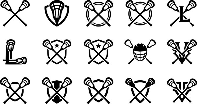Lacrosse monogram silhouette icon set, flat black glyph style, pure white background