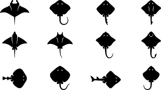 Skate fish silhouette icon set, flat black glyph style, pure white background