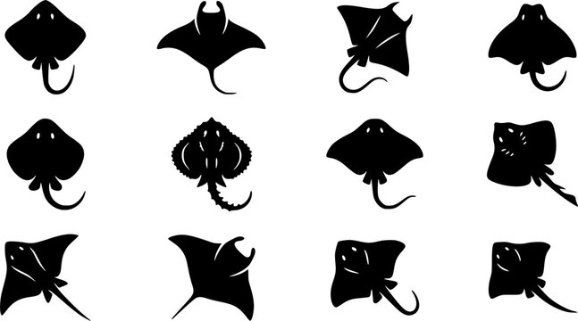 Skate fish silhouette icon set, flat black glyph style, pure white background