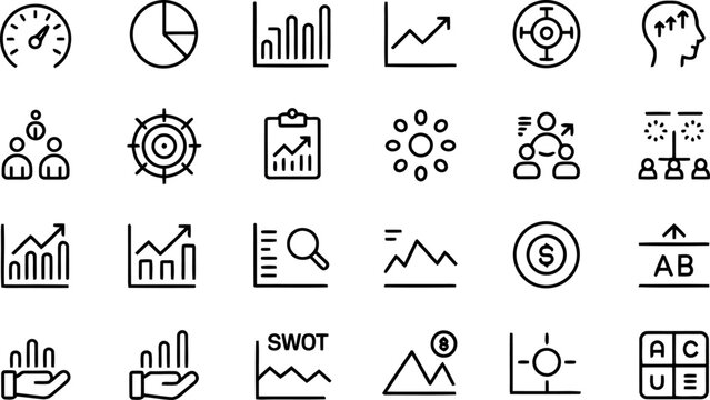 Business and data analysis icons in black line art on white chart graph