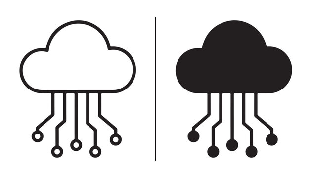 Cloud Computing Icons: A split image featuring two cloud icons, one white and one black, both connected to circuitry, symbolizing data transfer and digital technology.