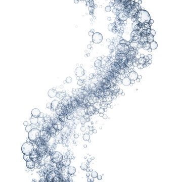 Iridescent soap bubbles with blue refraction, frozen in a dynamic upward swirl against a transparent background, macro, pristine freshness and delicate energy concept