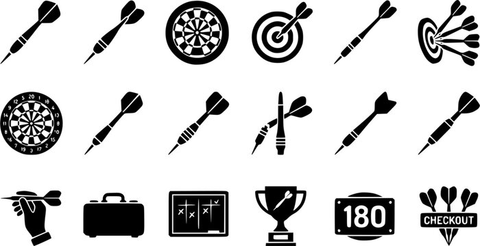 Darts silhouette icon set, flat black glyph style, pure white background
