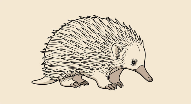 Detailed illustration of an australian echidna showing its sharp spines and long snout against a soft beige background.