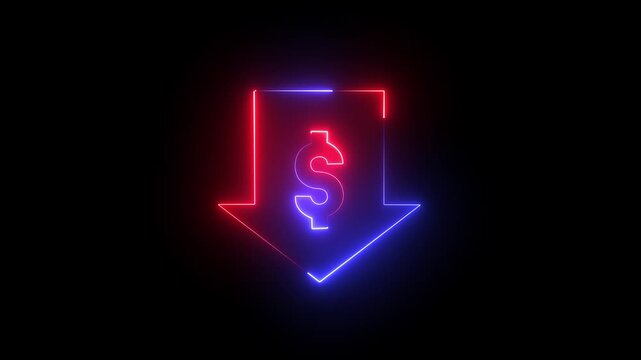 Dollar with arrow neon icon on black background 4k motion video animation.