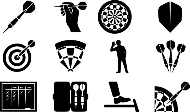 Darts silhouette icon set, flat black glyph style, pure white background