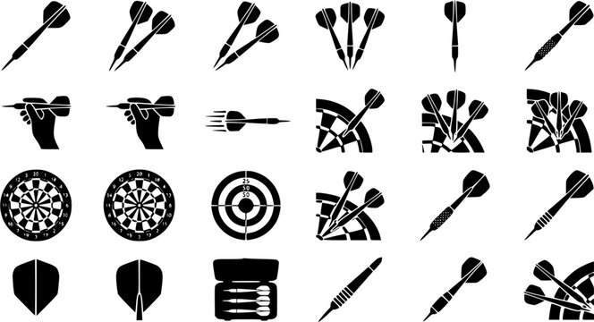 Darts silhouette icon set, flat black glyph style, pure white background