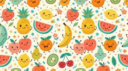Naklejka premium Happy cartoon fruits dancing in a bright starry floral pattern