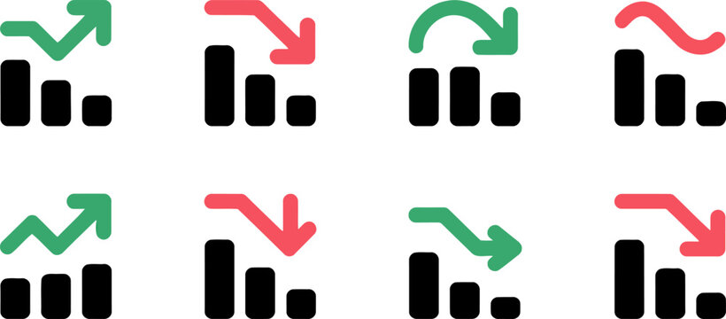 Collection of eight bar chart icons with green and red arrows indicating financial trends