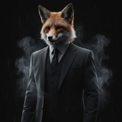 Fototapeta premium Anthropomorphic Fox in Suit with Smoke on Dark Background