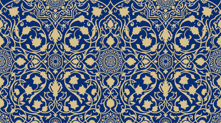 Flat vector arabesque seamless pattern, flowing floral ornaments and traditional Islamic motifs, luxury decorative aesthetic   © Maftuh