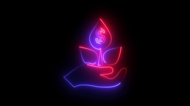 Neon purple hand holding water drops with gear icon and glowing effect on black background 4k motion video animation.