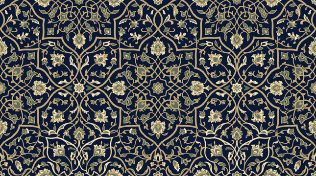 Flat vector arabesque seamless pattern, flowing floral ornaments and traditional Islamic motifs, luxury decorative aesthetic

