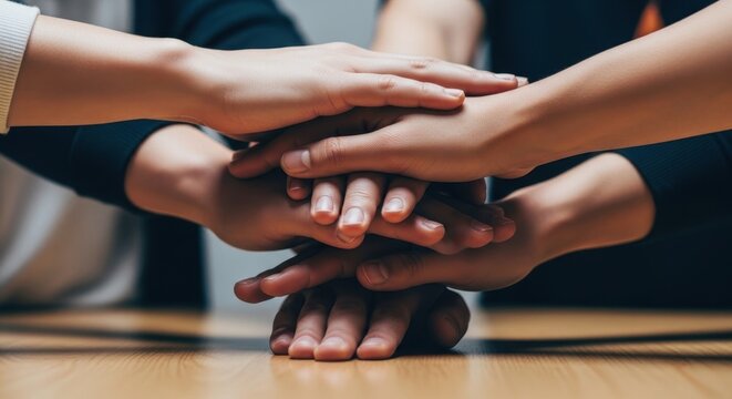 A powerful stack of diverse hands clasped together showcasing unity and teamwork in a supportive gesture.