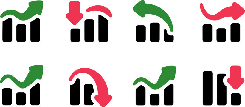Eight bar chart icons with green and red arrows showing financial performance and trends