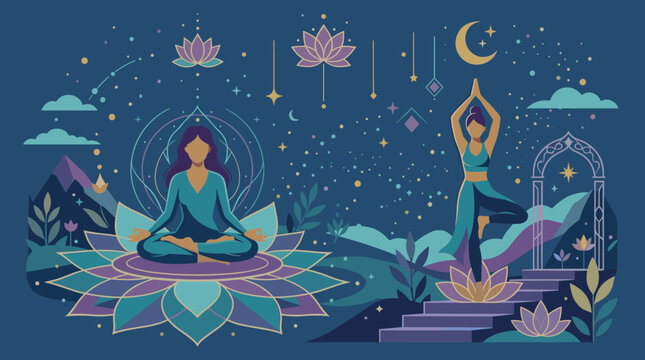 Flat vector illustration featuring women doing yoga and meditation. Peaceful scene with lotus flowers, celestial night sky, stars, and moon. Perfect for wellness and spirituality.