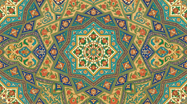 Flat vector Persian-inspired Islamic pattern, floral geometry and elegant traditional decorative elements

