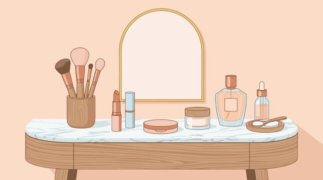 Flat illustration of a modern vanity table featuring makeup brushes, skincare products, lipstick, and a mirror. Ideal for beauty, fashion, and lifestyle editorial or digital content.