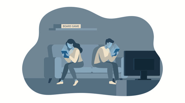 Couple sitting on sofa ignoring each other using smartphones