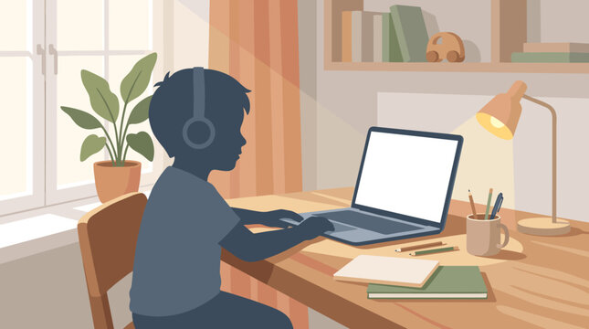A silhouette of a boy with headphones studying on a laptop at a home desk. Cozy room with a lamp and books, ideal for education, remote learning, or online school concepts.