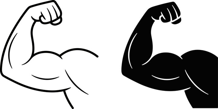 Flexed bicep arm icons in outline and solid black styles muscle strength