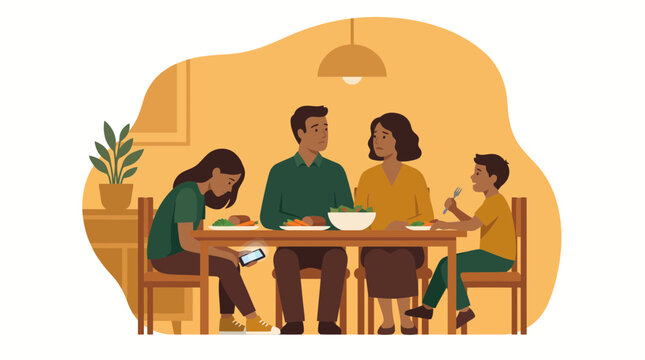 Family Dinner with Teenager Distracted by Smartphone Under Table