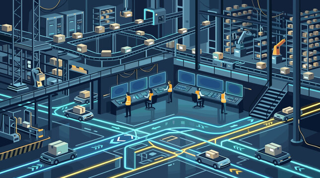 Modern smart warehouse with automated robotic conveyors, logistics staff at control panels, and self-driving transport vehicles in a futuristic digital production facility.