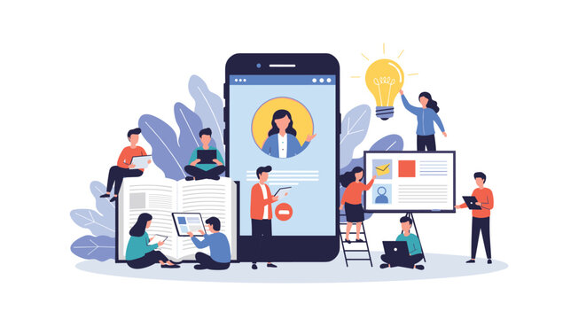 Virtual learning and social media profile concept features students interacting with a large smartphone and digital content.