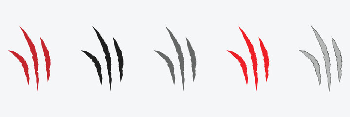Animal claw scratches and marks. Set. Black and red bloody silhouettes and outline. Icon, flat. Vector isolated on white background. Scratches from a cat, tiger, lion, dog, jaguar, bear, puma . © Micro  Vector Market