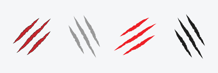 Animal claw scratches and marks. Set. Black and red bloody silhouettes and outline. Icon, flat. Vector isolated on white background. Scratches from a cat, tiger, lion, dog, jaguar, bear, puma . © Micro  Vector Market