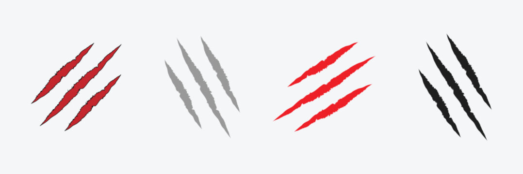 Animal claw scratches and marks. Set. Black and red bloody silhouettes and outline. Icon, flat. Vector isolated on white background. Scratches from a cat, tiger, lion, dog, jaguar, bear, puma .
